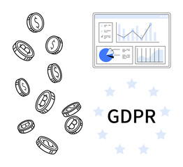 Poster - coins representing cryptocurrency, data analytics dashboard with charts, and gdpr theme with stars. 