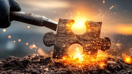 Poster - Igniting imagination wooden puzzle piece in fiery landscape surreal art photography