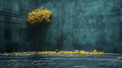 Poster - Golden tree of lemons abandoned space digital art surreal environment low angle symbolism
