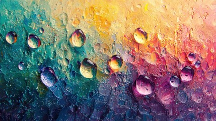 Poster - A close-up view of colorful droplets resting on a textured surface showcases a beautiful blend of colors. The vibrant hues include blue, purple, and orange, creating captivating abstract art