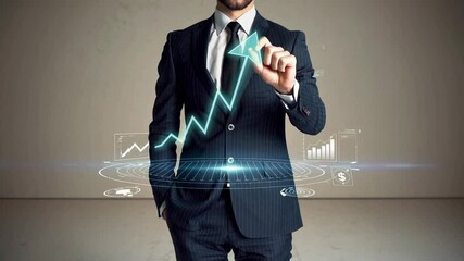 Poster - Experienced businessman tracing upward growth trajectory using finger on advanced digital interface, symbolizing innovative business strategy against pristine white backdrop