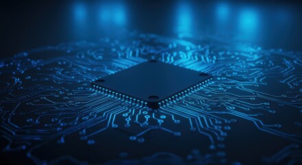 Poster - Microchip with circuit board in blue tones represents technology and connectivity.