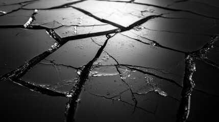 Poster - A close-up view of a cracked surface, illuminated by soft light, showcases unique patterns and textures. The dark backdrop accentuates the details of the fissures