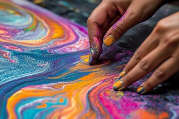 Poster - Hands creating abstract art with vibrant colors and finger painting on a dark surface texture art