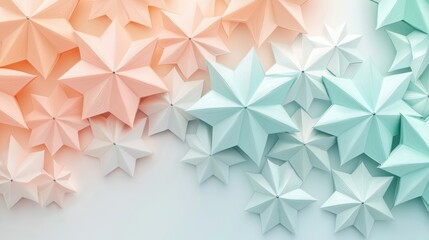 Poster - Delicate paper stars in shades of peach, mint, and white are carefully arranged against a light backdrop, adding a whimsical touch to the space. The design showcases various sizes and shapes of stars