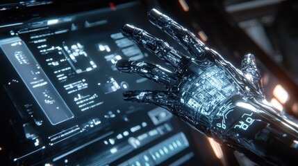 Poster - A highly advanced robotic hand reaches out toward a glowing digital interface filled with intricate data and designs. This interaction takes place in a dimly lit setting, highlighting technology