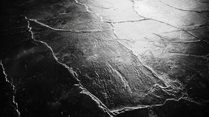 Poster - A close-up view of a textured black surface displaying intricate cracks and patterns, illuminated by soft light which enhances its details and depth, creating an artistic ambiance