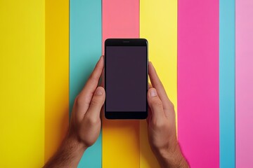 Poster - hands holding a black smartphone against a colorful striped background overhead view flat lay style 