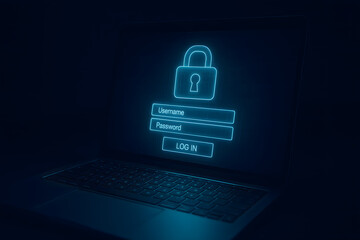 Poster - Cybersecurity Login: Glowing blue digital lock icon on laptop screen, emphasizing online security and data protection.