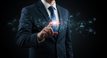 Poster - Businessman in suit touching digital network interface against a dark background.