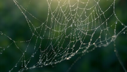 Macro shot of dew covered spider web glistening in the morning light showcasing intricate details and delicate beauty