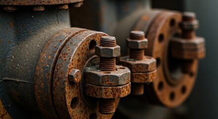 Poster - Close-up of Rusty Industrial Metal Pipes with Flanges and Bolts Detail