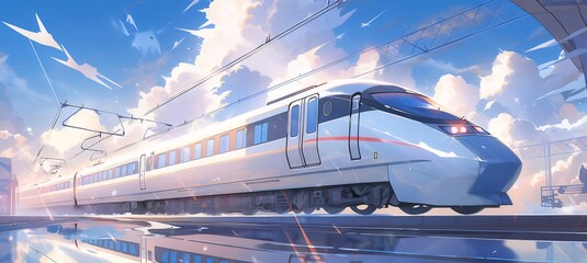 Poster - 高速鉄道が青い空の下を走行する様子を表現したイラスト 鮮やかな色彩とピクセルアートスタイルの描写