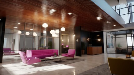 Poster - Modern lobby area featuring vibrant pink furniture and striking design elements in an urban setting