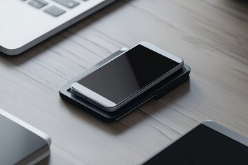 Poster - A smartphone resting on a wireless charger near a laptop and a tablet on a wooden surface
