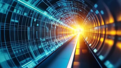 Wall Mural - Abstract futuristic tunnel with glowing light and digital patterns