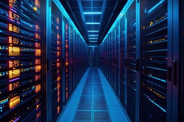 Poster - Data center corridor illuminated with colorful lights at night