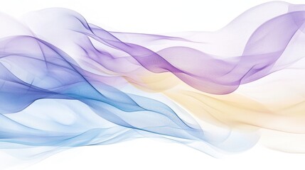 Poster - Flowing layers of translucent fabric create a dreamy composition in shades of purple, blue, and yellow, blending harmoniously against a light backdrop