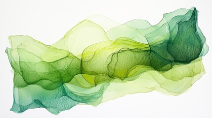 Poster - Fluid layers of green fabric ripple and weave together, creating an abstract composition that captures the interplay of light and texture against a white background