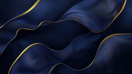 Poster - Gentle waves of deep blue fabric cascade smoothly, highlighted by delicate golden edges. The interplay of color creates an enchanting and rich texture in soft lighting