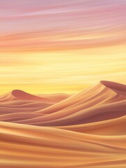 Wall Mural - serene desert landscape at sunset, showcasing rolling sand dunes under a colorful sky