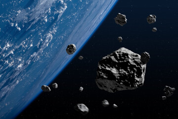 Wall Mural - big and small asteroids near planet earth in space. space. asteroids near planet earth. asteroids in