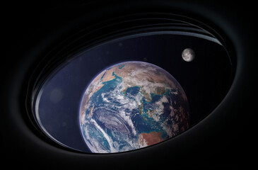 Wall Mural - earth and moon in spaceship porthole. travel and tourists in space, concept. space exploration. scie