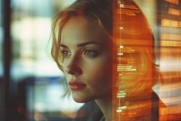 Poster - Businesswoman analyzes financial data in a modern office setting with digital displays, financial data processing over caucasian businesswoman in office