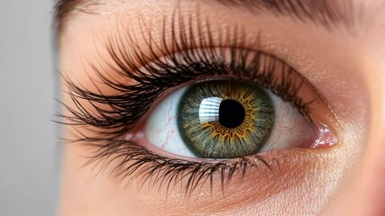Poster - Close up of a beautiful woman's eye showcasing long, dark eyelashes and a captivating green iris, highlighting the intricate details of the eye's structure and the concept of vision