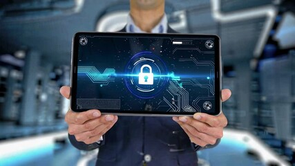 Poster - Businessman presenting a tablet displaying a digital padlock security interface, symbolizing data protection and secure access in a technological environment