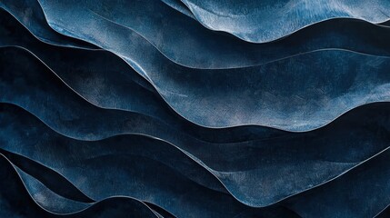 Poster - Fluid dark blue waves intertwine, forming a captivating texture that adds depth to a modern design environment. The interplay of light enhances the visual appeal