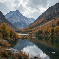 Poster - A breathtaking autumn mountain landscape featuring the serene Lake Dobbiaco in the Dolomites.