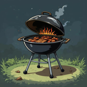 A fun cartoon illustration of a charcoal grill, featuring bold lines, cheerful colors, and playful smoke.