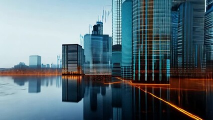 Poster - Futuristic Cityscape:  A Digital Metropolis Reflecting Growth and Innovation