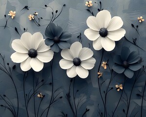 Poster - Minimalist monochrome daisy outlines on a muted gray background