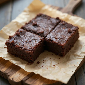 A mouthwatering view of a freshly baked classic fudge brownie resting on parchment paper and a wooden board.