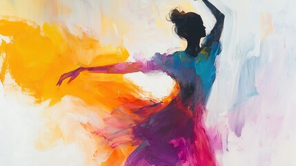 Poster - A vibrant abstract artwork capturing a dancer gracefully in motion. The background features swirling colors of orange, pink, and blue, enhancing the fluidity of the dancer