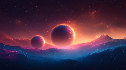 Wall Mural - Two vibrant planets rise over a mountain range in a vibrant space landscape.