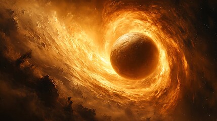 Wall Mural - Fiery cosmic vortex engulfs a celestial body.