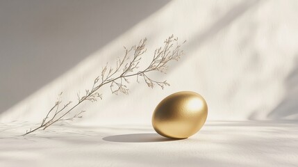 Poster - A golden egg is positioned elegantly on a soft surface, complemented by a slender branch. The bright light enhances the serene, artistic atmosphere of the setting