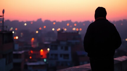 Wall Mural - silhouetted figure overlooking a vibrant cityscape at sunset, with glowing light in the background