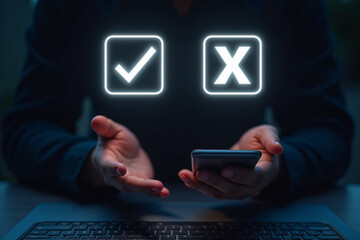 Fototapete - A businessman hands showing checks, marks, and wrong. The idea is to decide to vote. Think yes or no, Business options for difficult situations, true and false symbols.