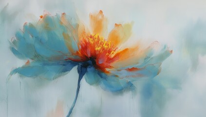 Wall Mural - Watercolor abstract flower in orange and teal color.
