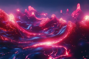 Poster - Mesmerizing display of swirling red liquid shapes emitting a glowing light at twilight, multiple red glowing liquid shapes waving swirling and flowing smoothly