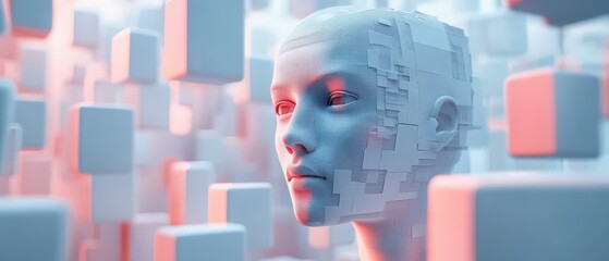 Poster - Futuristic 3D depiction of an artificial intelligence figure surrounded by cubes