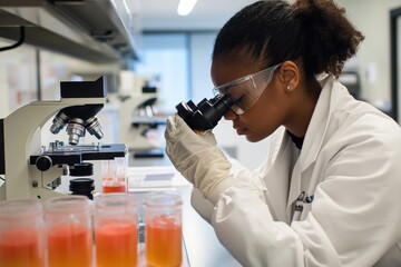 Poster - Scientist examines liquid samples under microscope in laboratory setting, scientist looking at liquid samples through a microscope