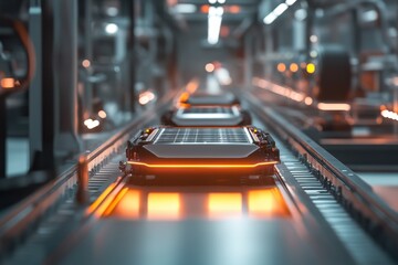 Poster - Electric vehicle batteries in production process at high-tech facility, Electric vehicle batteries rolling off the production line at the manufacturing plant