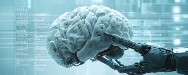 Poster - Robotic hand interacting with a futuristic brain in a digital setting