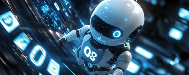 Poster - Futuristic robot floating in a glowing digital environment with blue lights