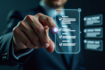 Poster - Businessman checking the steps through document with a list of checkboxes, regulation, Concepts of practices and policies, procedure,  company articles of association Terms and Conditions, inspection.